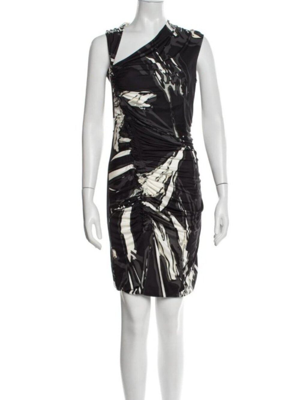 Emilio Pucci Black White Ruched Silk Sleeveless Pencil Dress